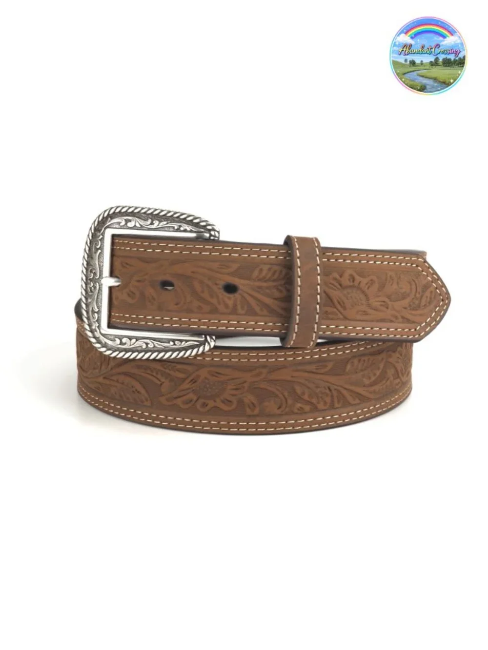 Leather Floral Embossed Belt with Buckle Closure for Dress or Jeans